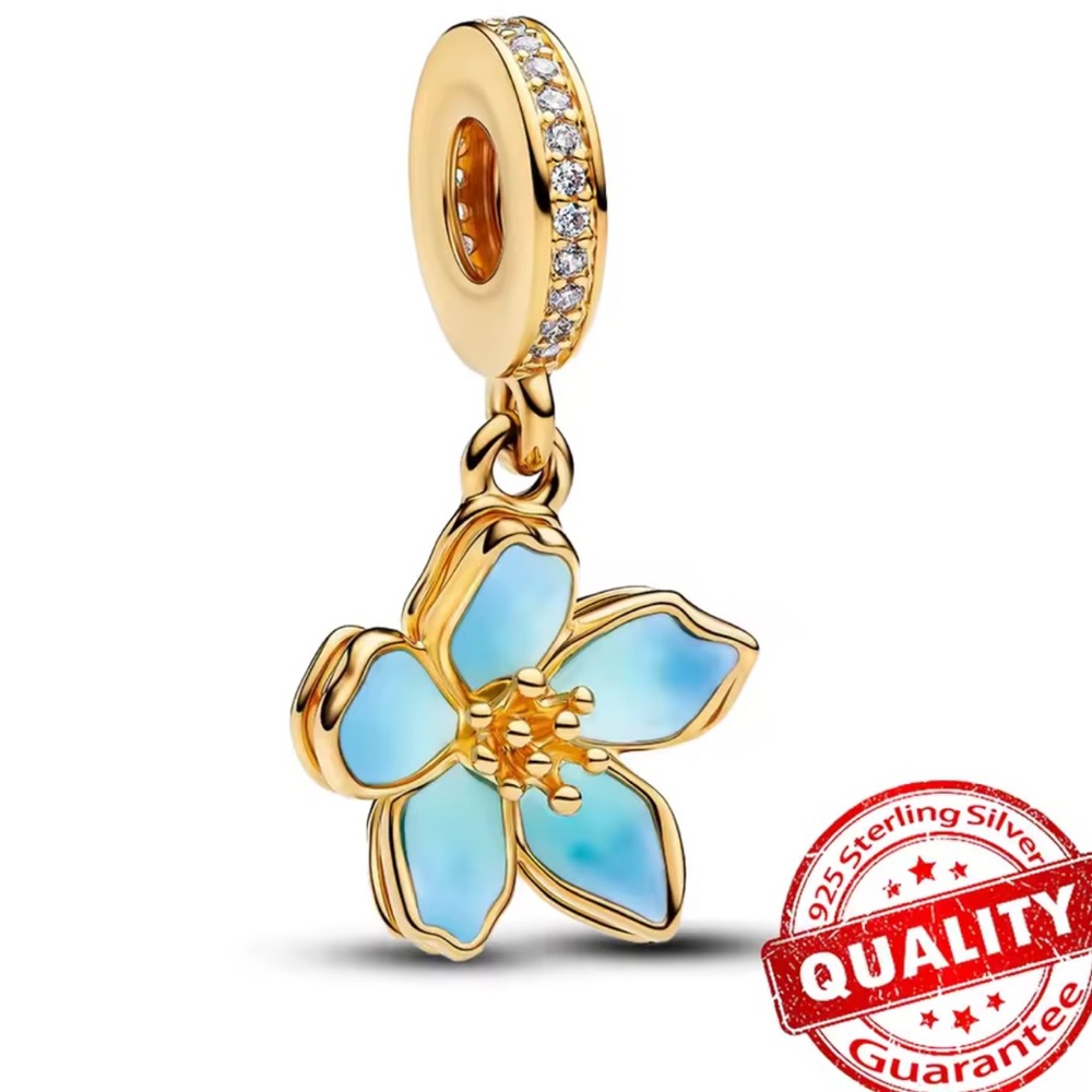 Blue Cherry Blossom Dangle Charm – Gold Plated, Blue Enamel Petals